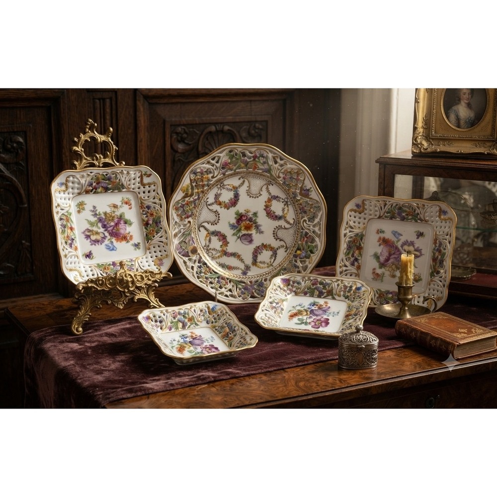Schumann Arzberg Dresden Flowers Reticulated Porcelain Plate Bowl Set 5pc Gold